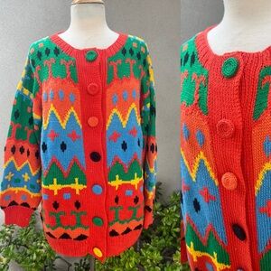 Vintage cotton sweater cardigan colorful hand knit Sz M by Kielo Dyson
